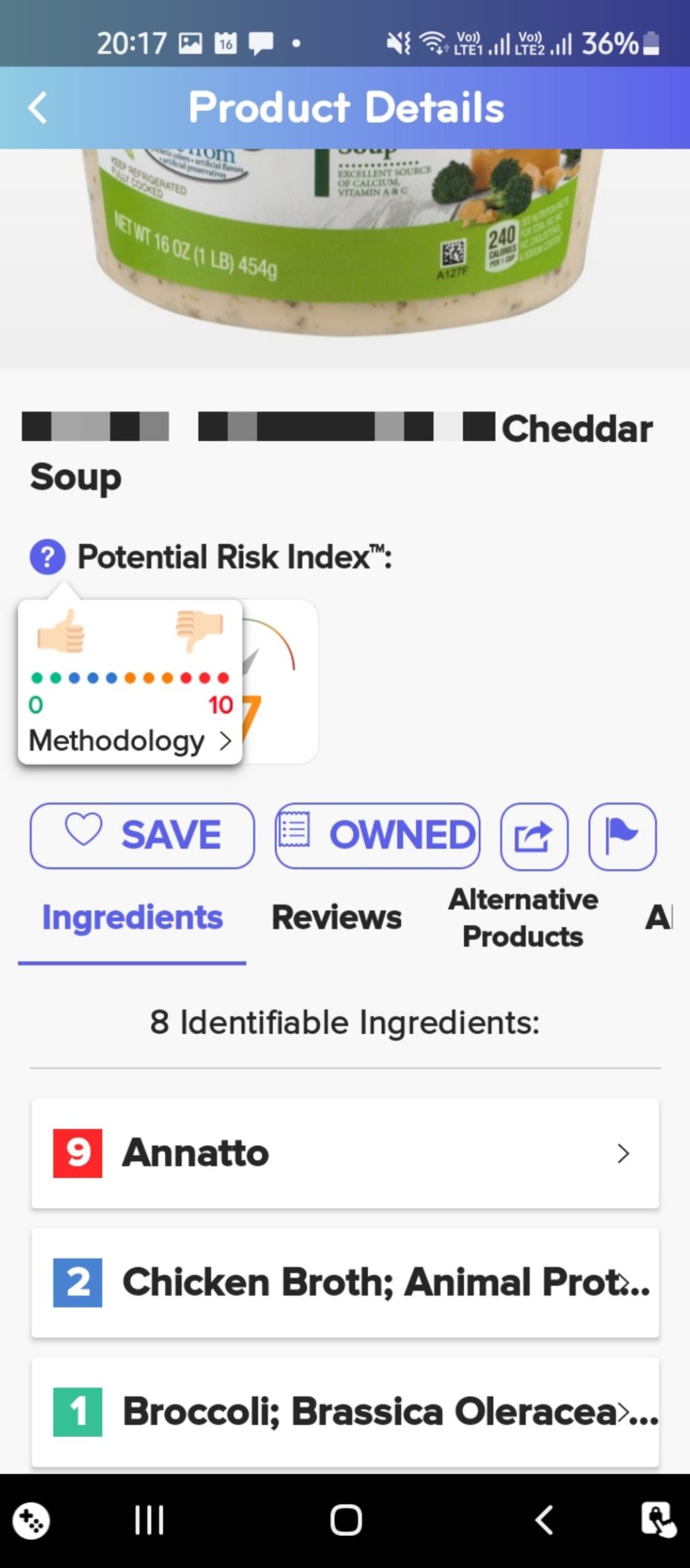 Risk index levels for product ingredients in 1Source app