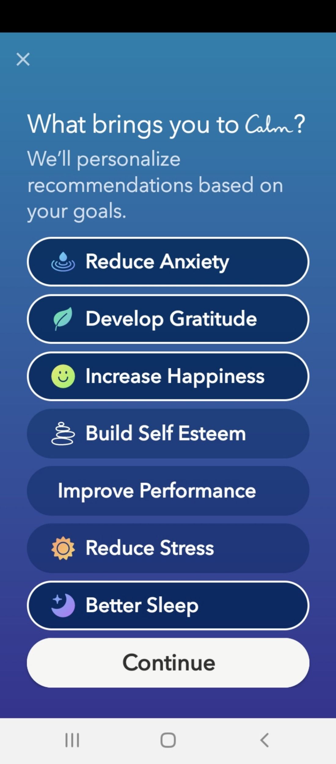 Meditation app Calm account setup