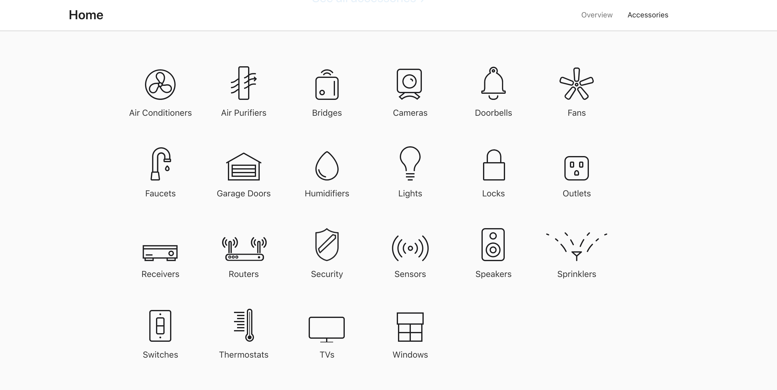 A screenshot of different illustrations of smart home devices that work with Apple Home app