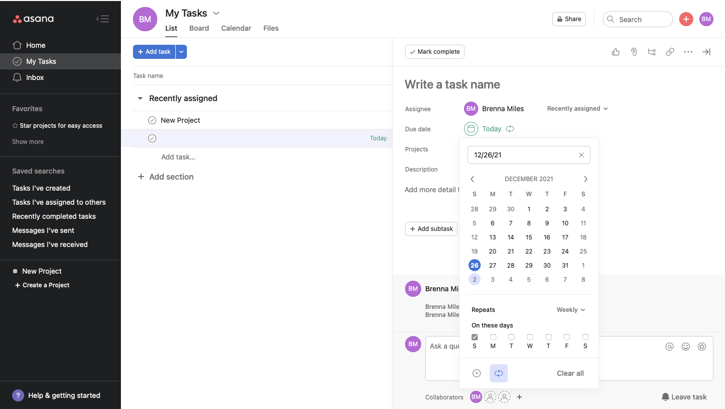 Image shows recurring task selection in Asana