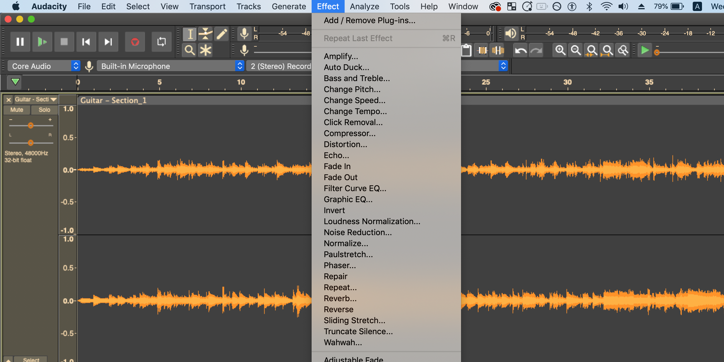 A screenshot of Audacity software with a dropdown menu showing effects plugins