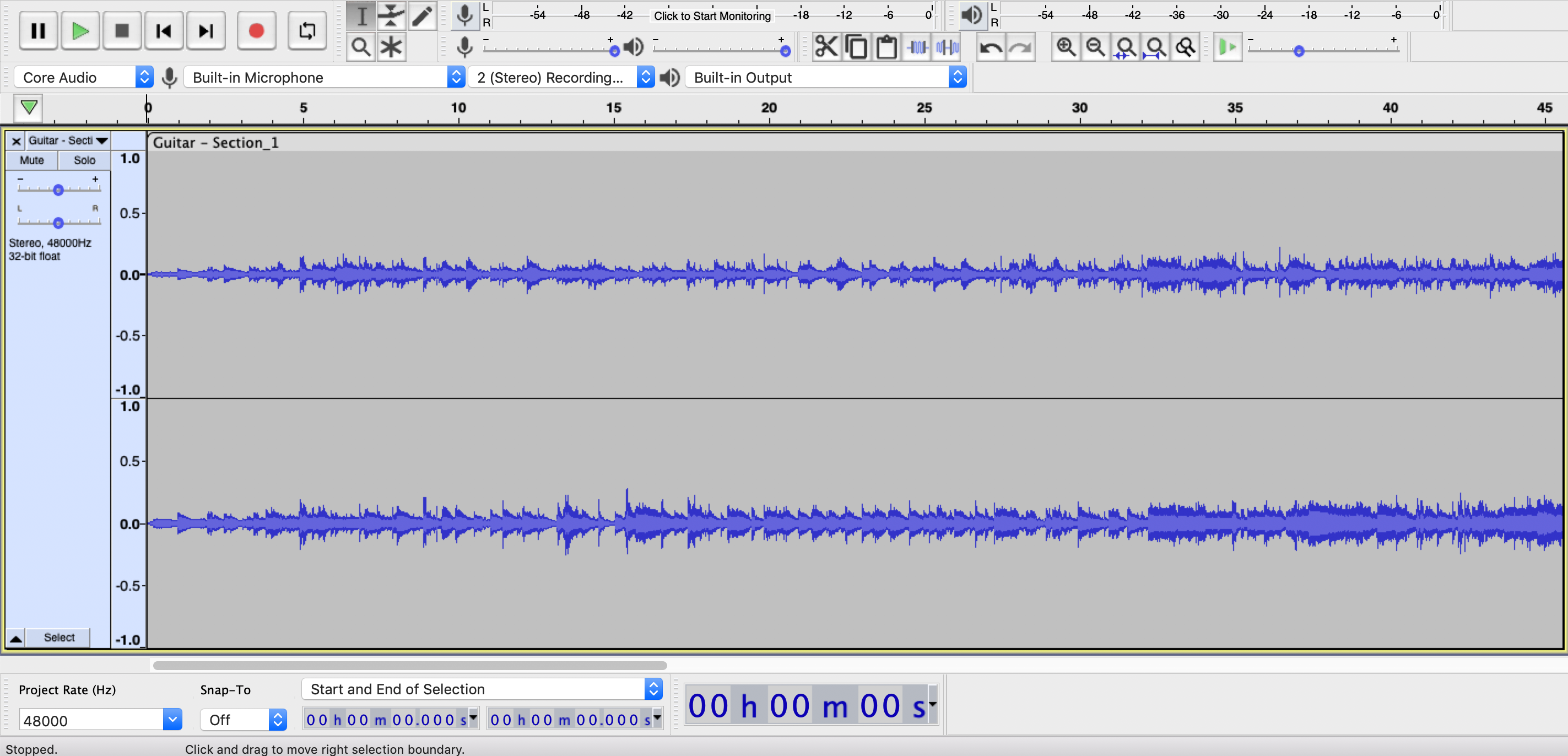A screenshot of the default interface for Audacity, a music production software