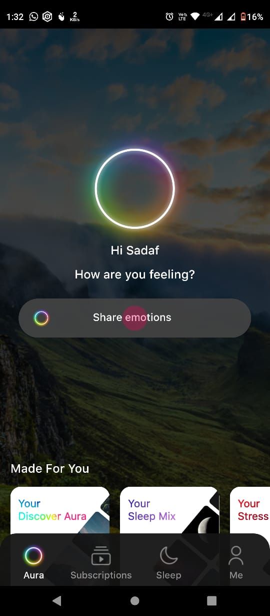 Aura home page asking to share emotions