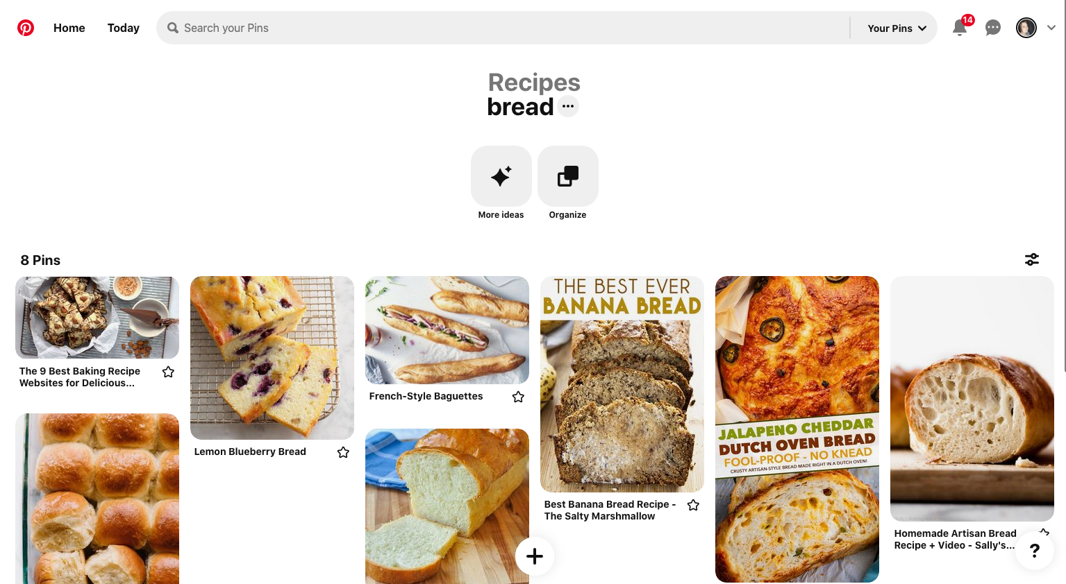 Screenshot of bread recipes on a Pinterest board