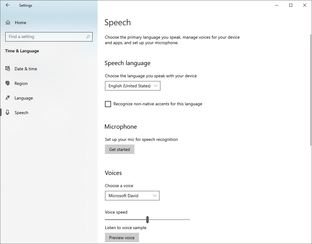 Changing Mic Speech Recognition in Speech Settings in Windows App