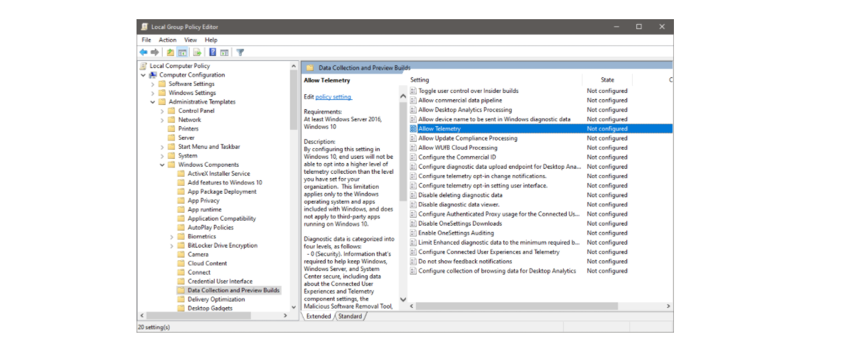 Changing Windows Telemetry Settings in Windows