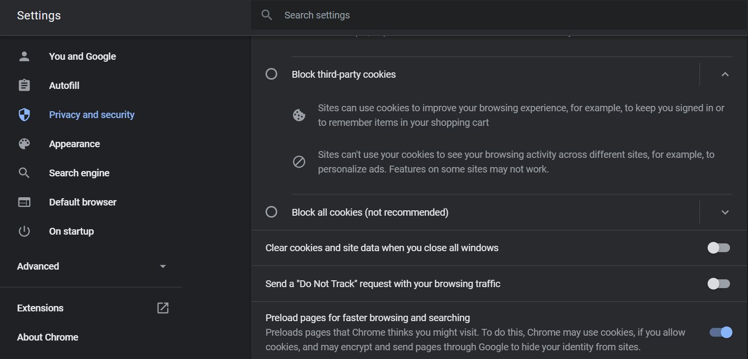 Chrome privacy and security settings menu