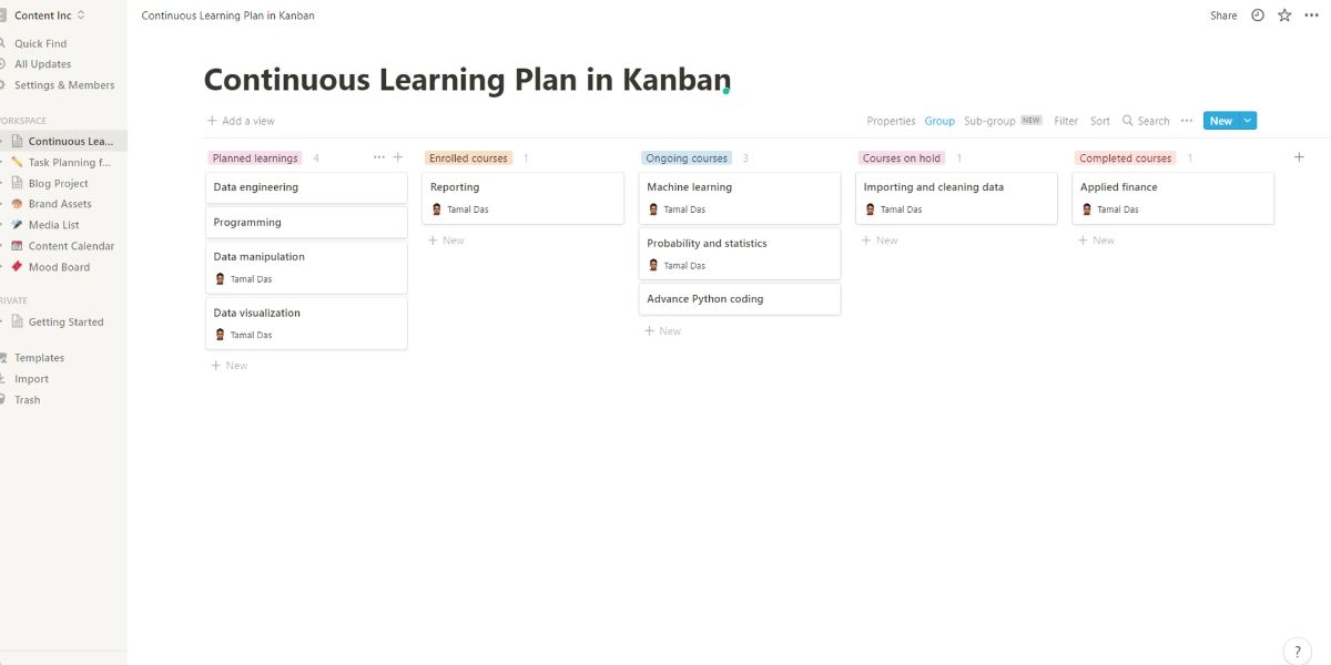 An example for a continuous learning plan in kanban board