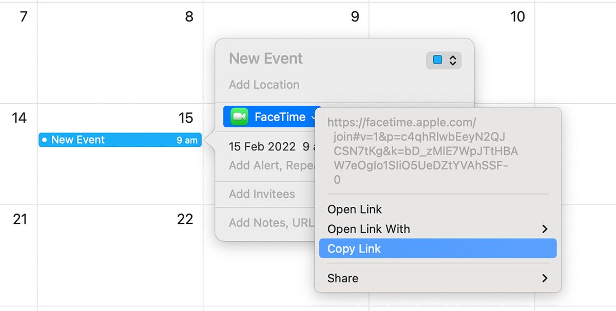 Copy FaceTime Link in the Calendar app