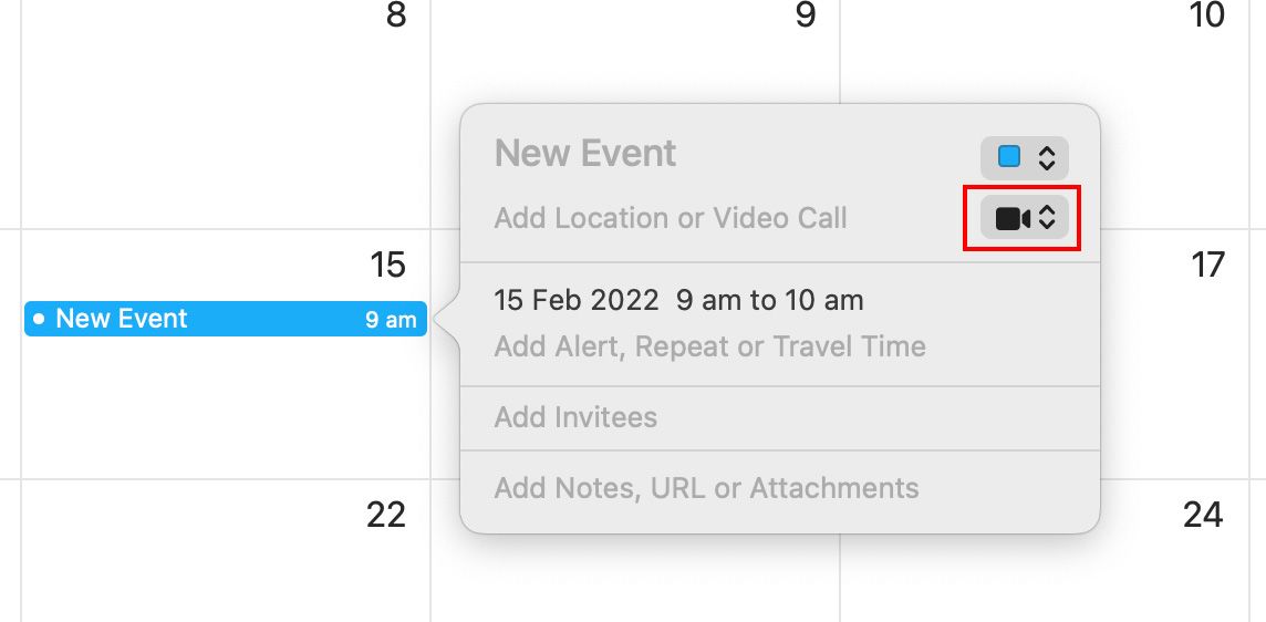 Video Camera button in the Calendar app while creating a FaceTime link