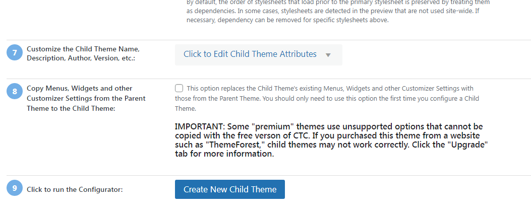 Screenshot showing the Child Theme Configurator Interface