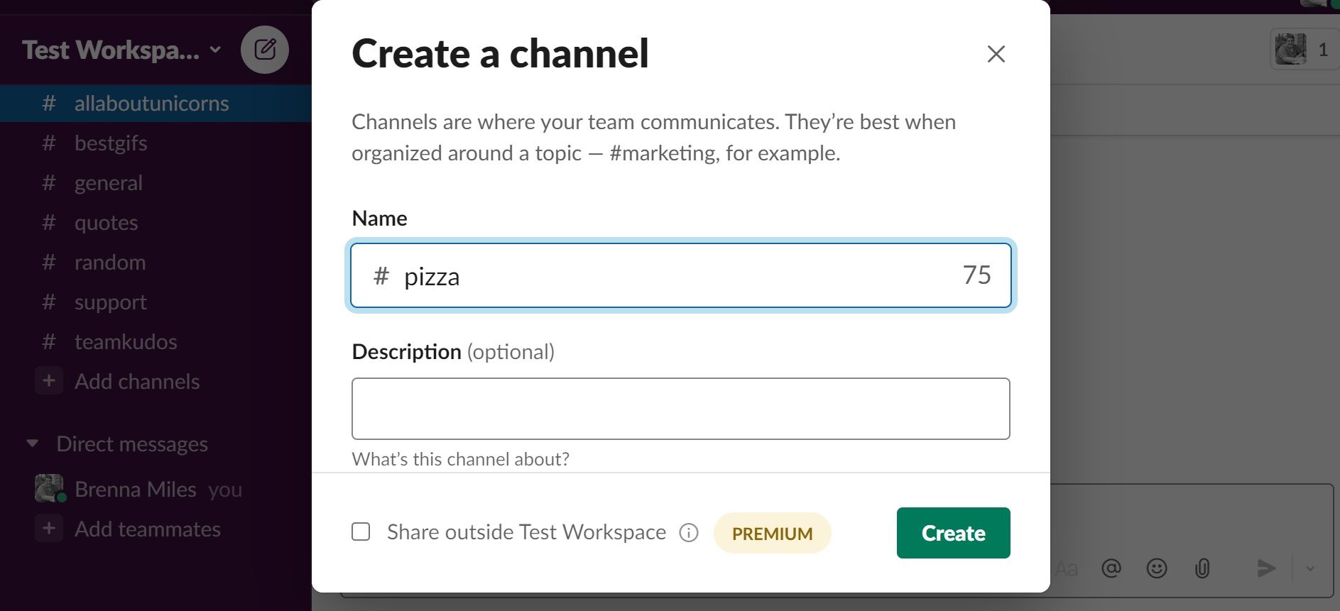 Image shows the Create a channel box in Slack
