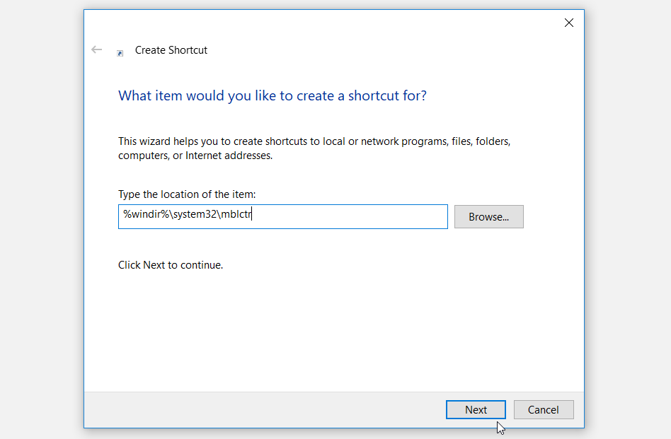 Creating a Windows Mobility Center Shortcut