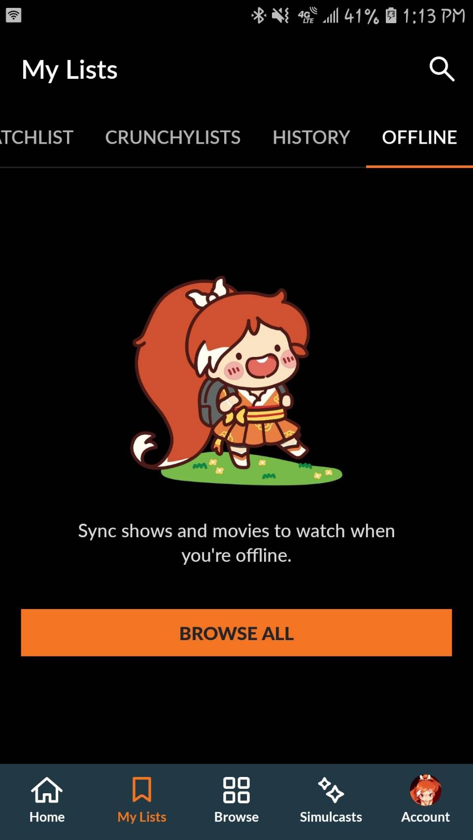 Offline viewing tab on Crunchyroll app
