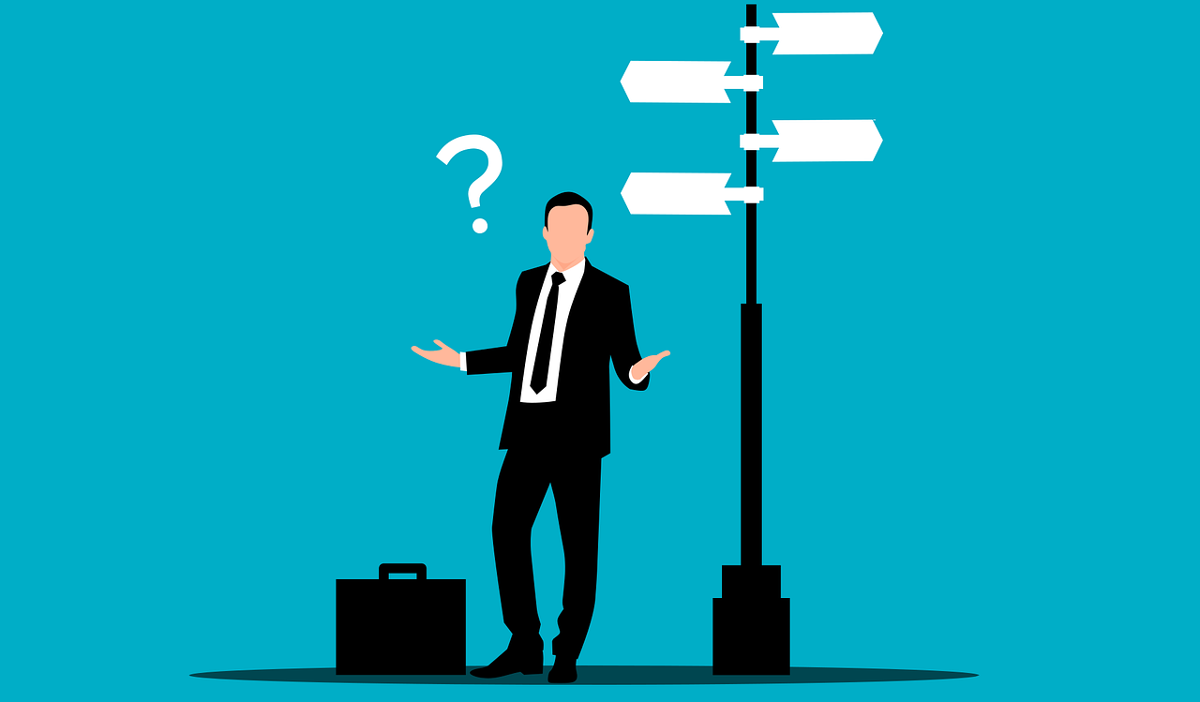 Illustration of Person Standing Next to Street Signs With Question Marks Above 