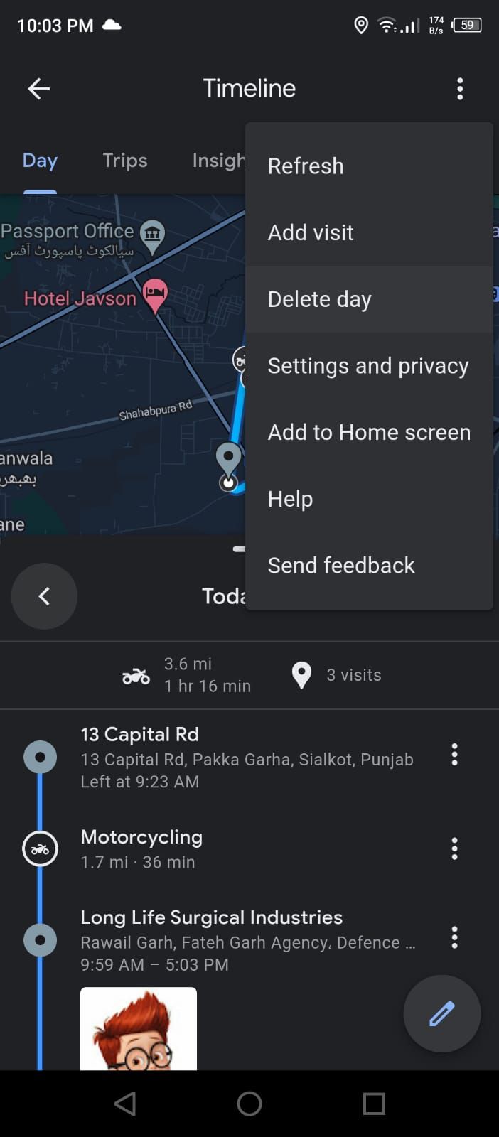 Delete Day Option in the Timeline Settings in the Google Maps App