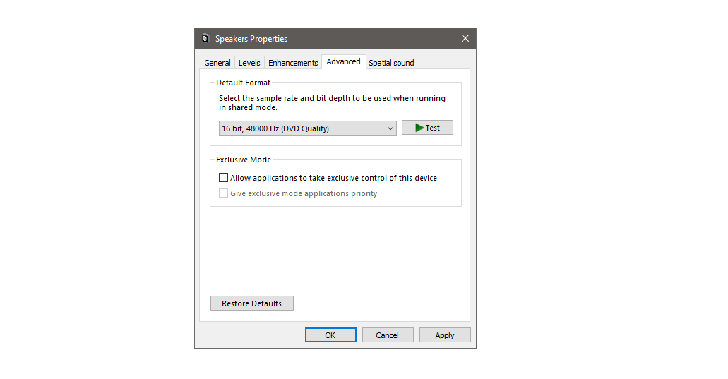 Disabling Exclusive Control of Device in Windows Speakers Settings