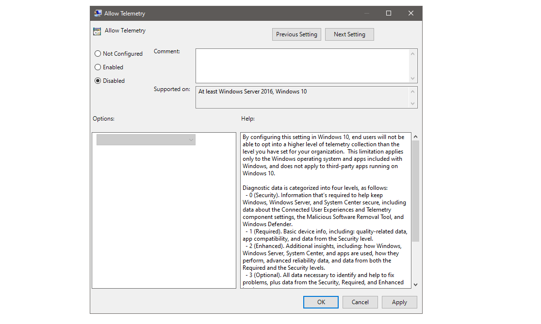 Disabling Windows Telemetry in Windows Settings