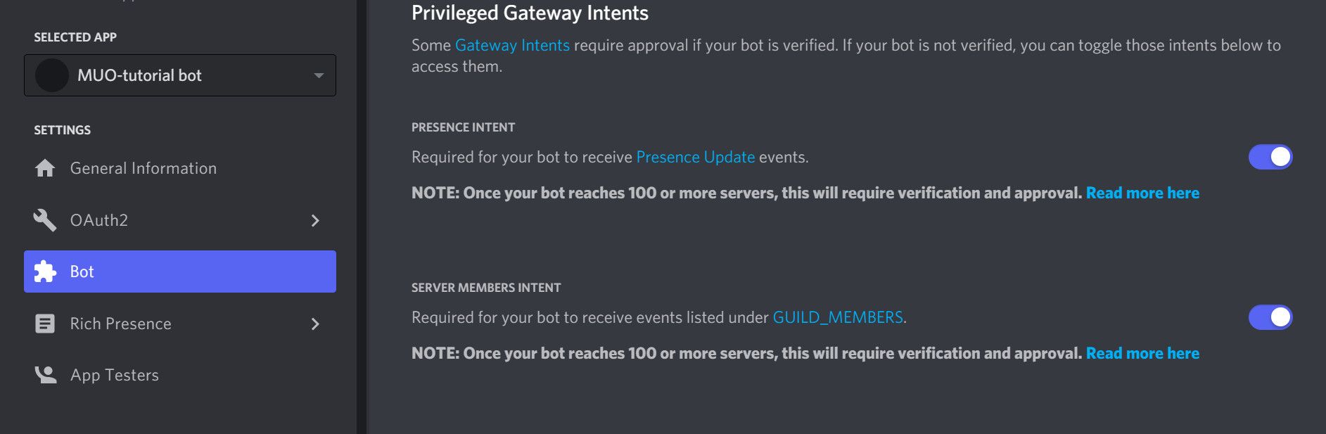 Discord bot intent settings