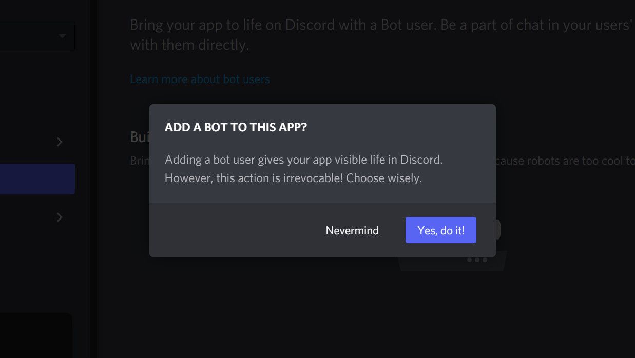 Discord developer dashboard bot step