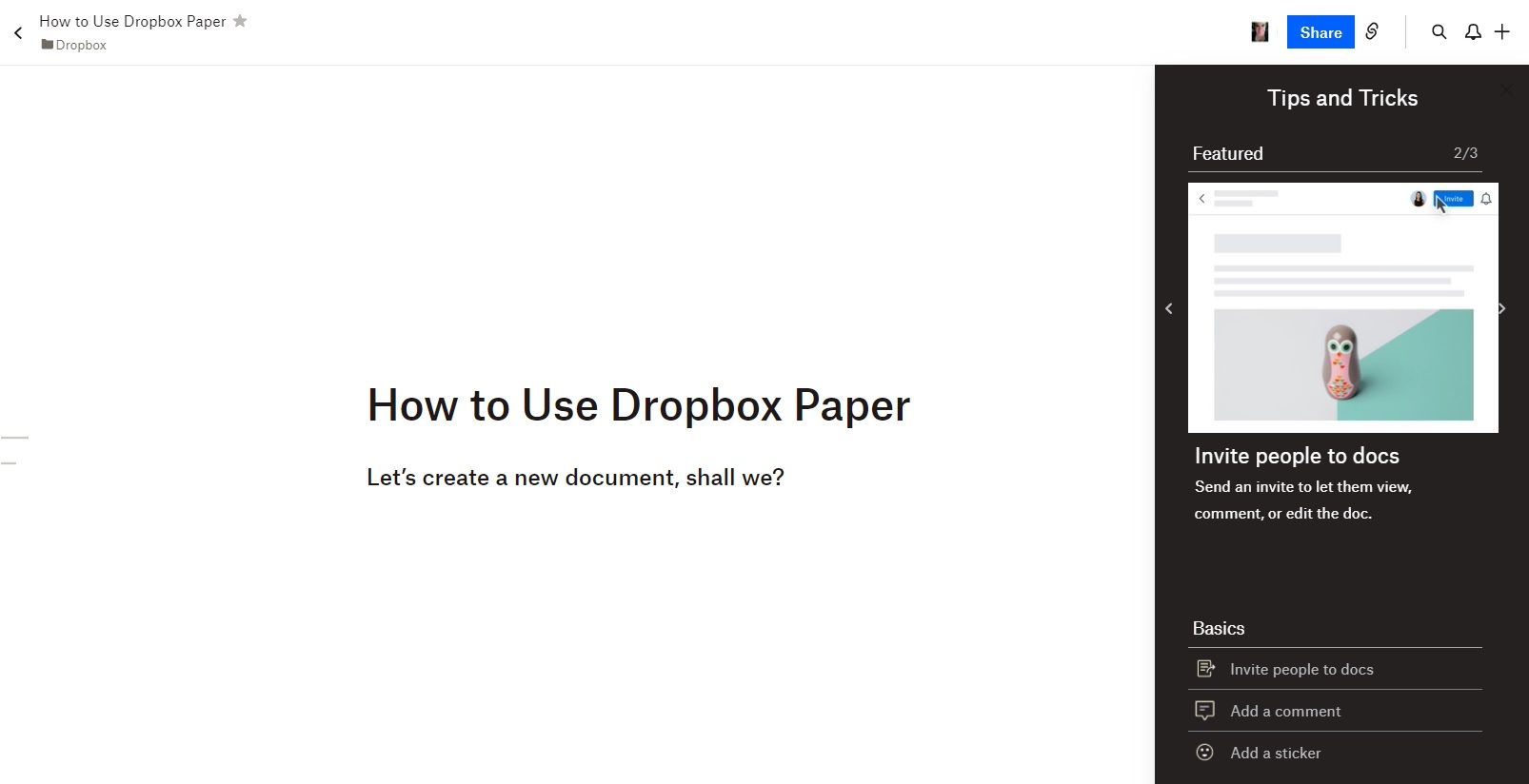 Image shows a new document created inside Dropbox Paper