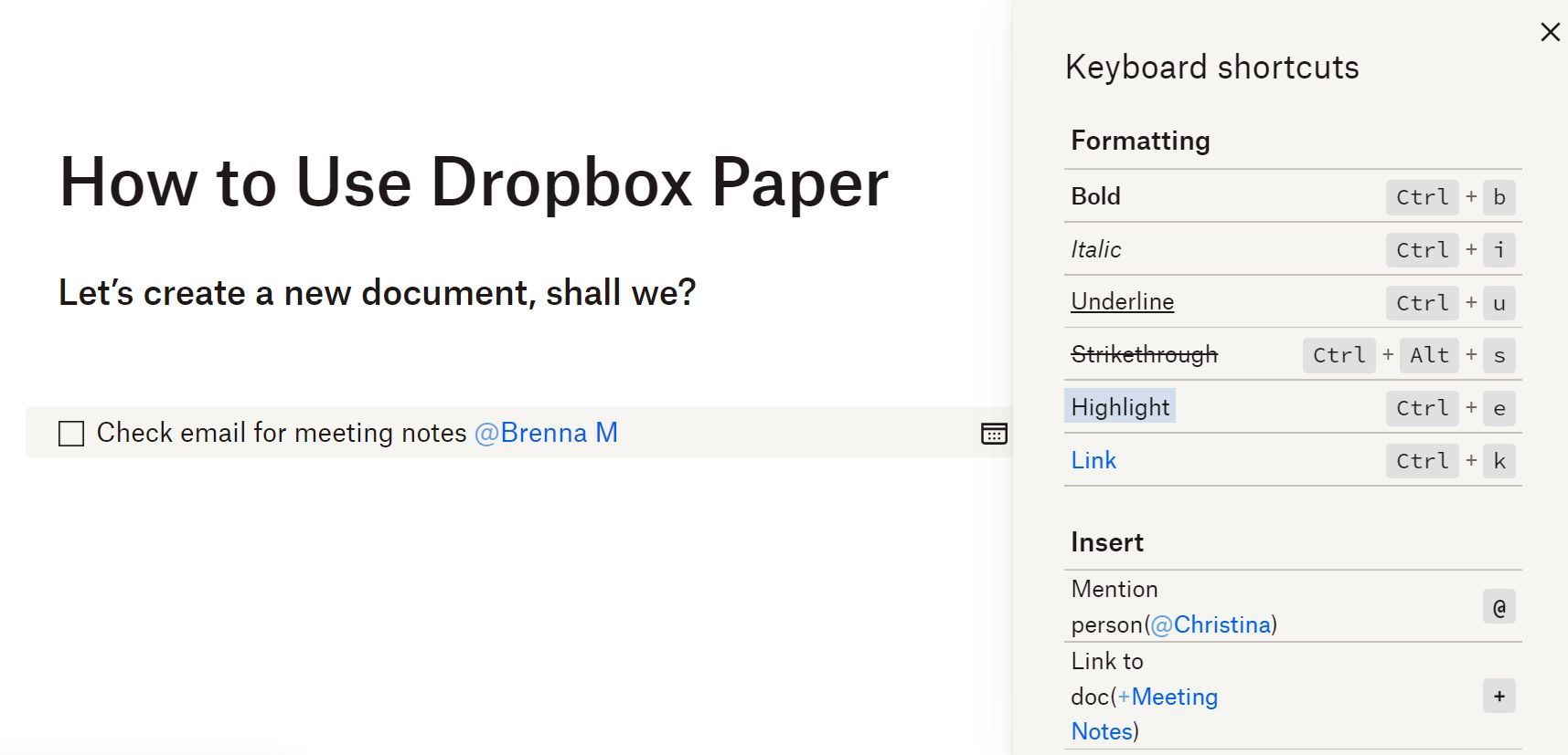 Image shows the keyboard shortcuts inside Dropbox Paper