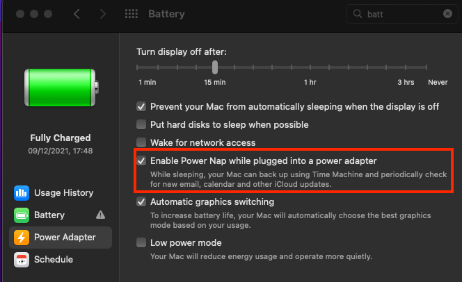 Enable Power Nap While Plugged to a Power Adapter