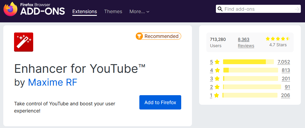 A Screenshot of Enhancer for YouTube's Add-on Page