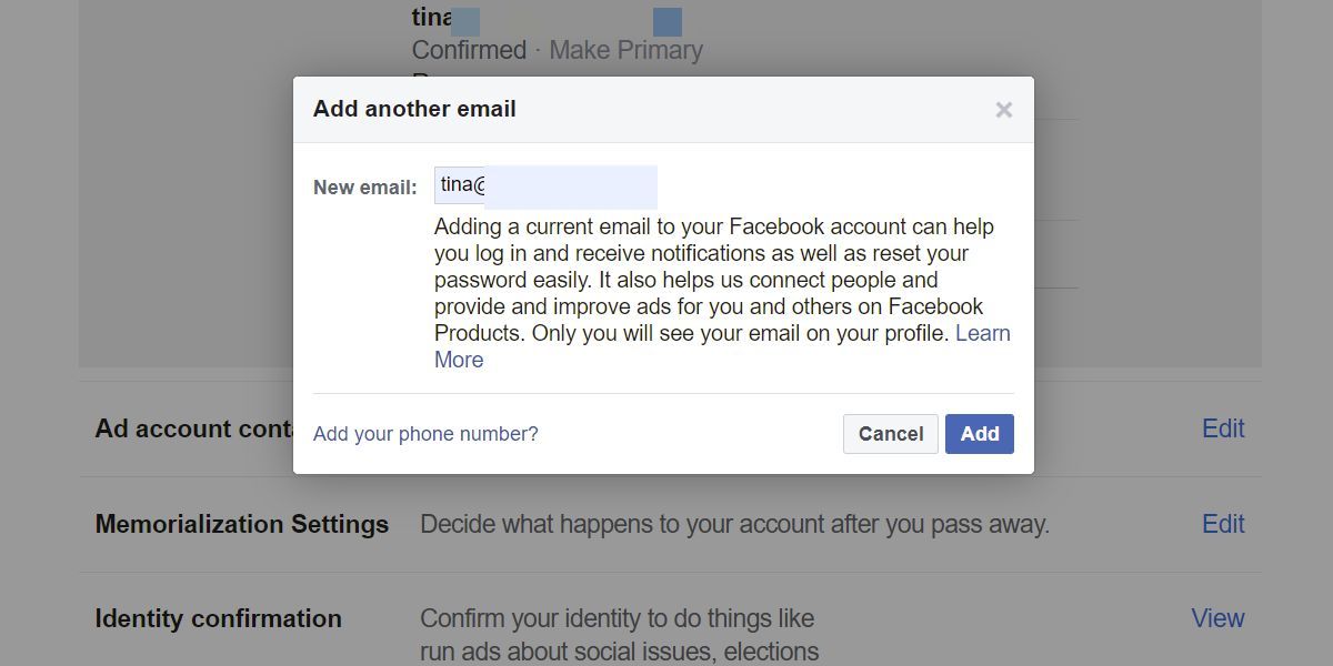 Facebook Add Another Email Address