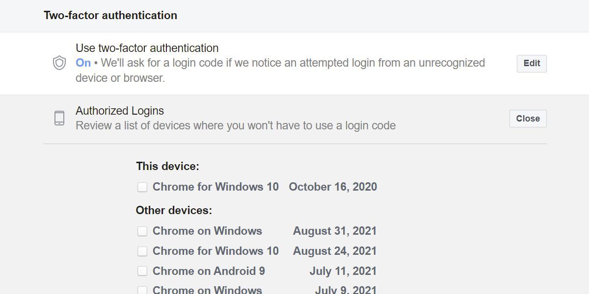 Facebook Two-Factor Authentication and Authorized Logins