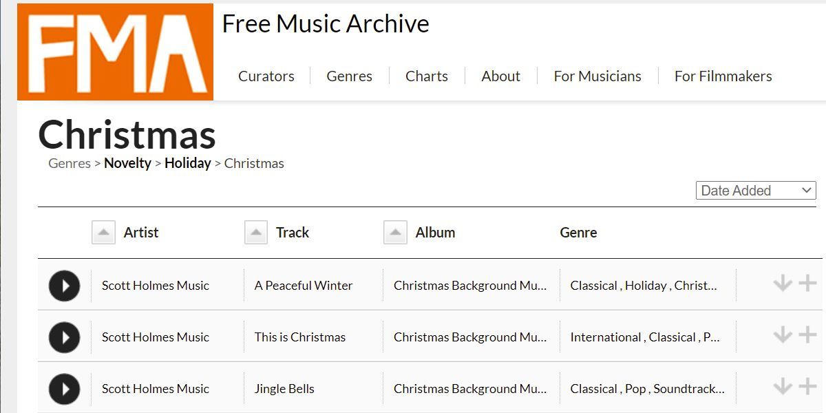 Liste de lecture de musique de Noël Free Music Archive (FMA)