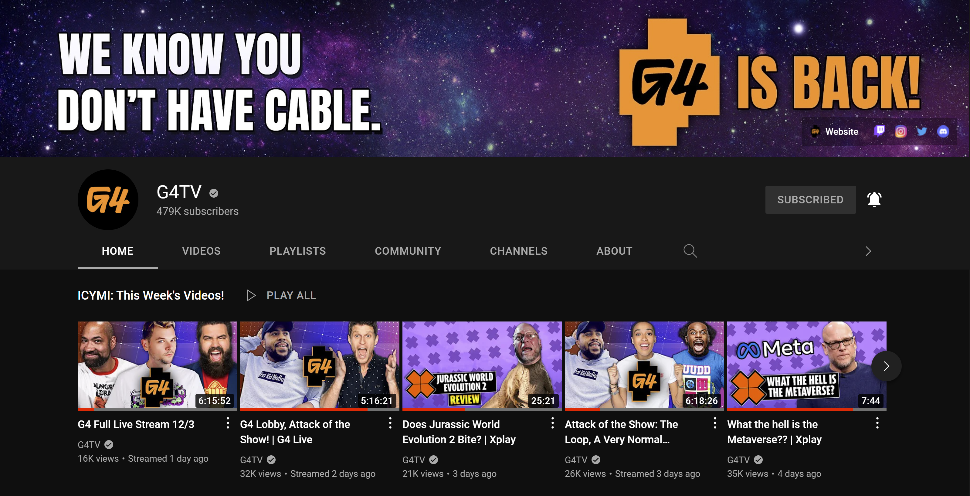 G4TV Youtube Channel Homepage 