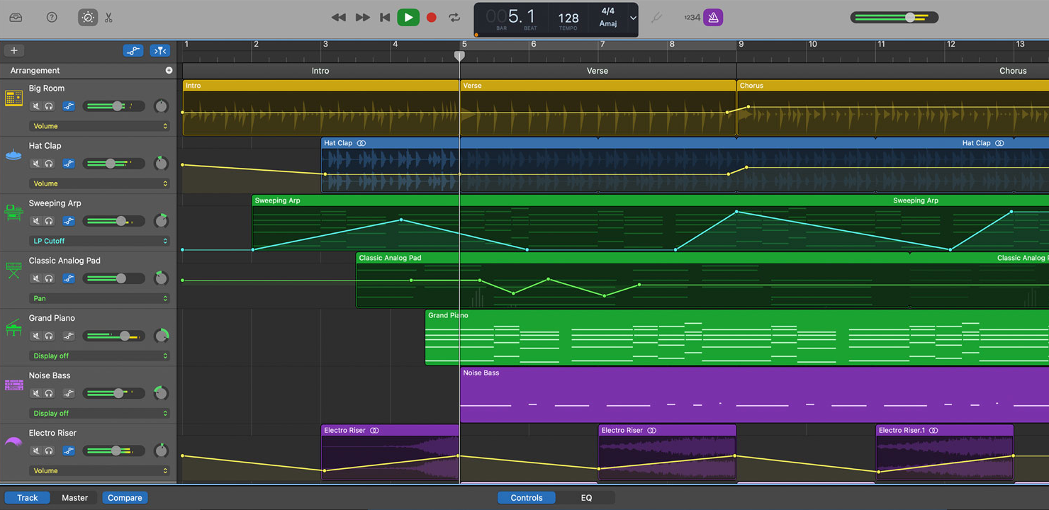 A screenshot of Garage Band software with multiple tracks and automation