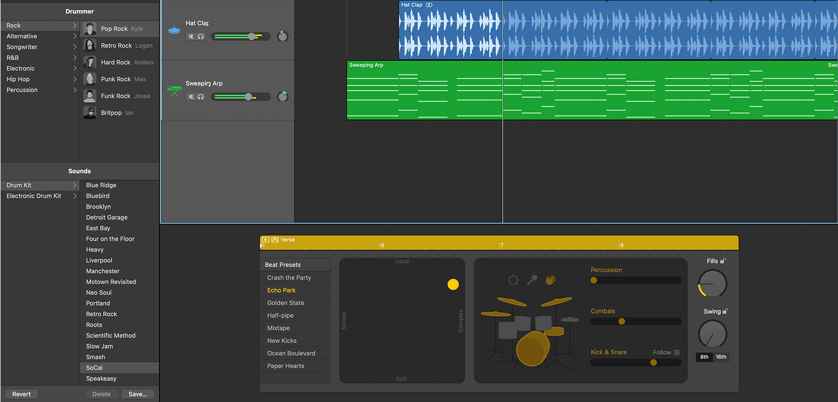 Screenshot of Garage Band software displaying the drummer instrument feature