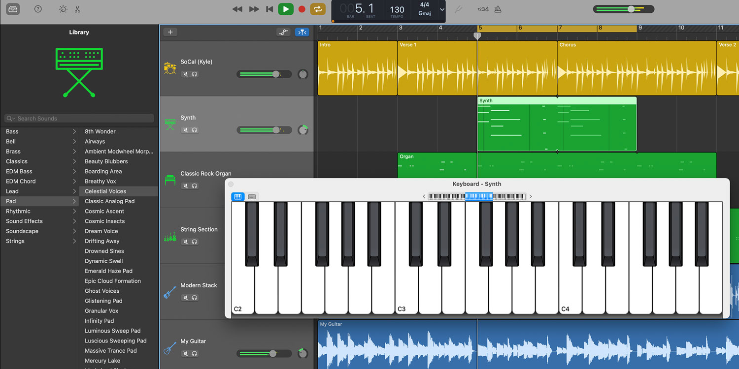A screenshot of Garge Band software showing the virtual piano feature