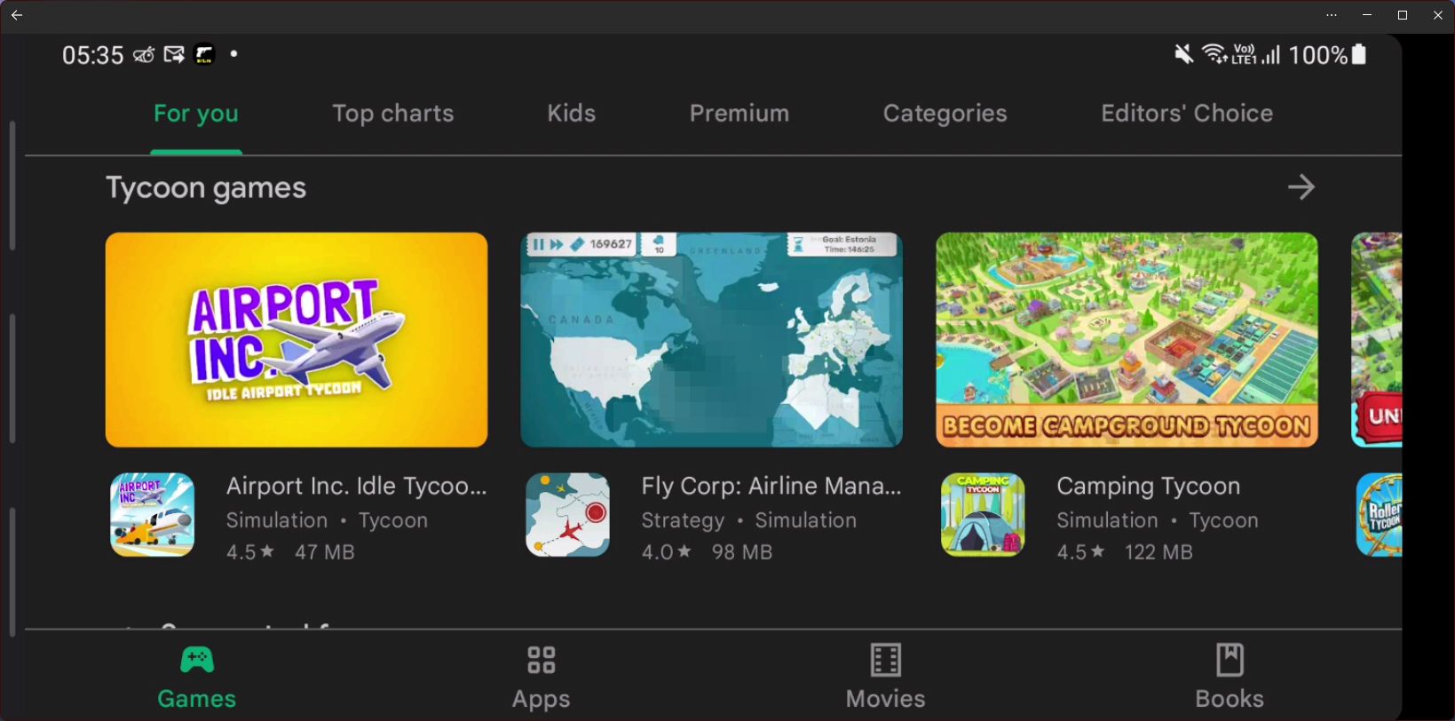 Google Play Store seen on Windows 11 via Your Phone screen mirroring function