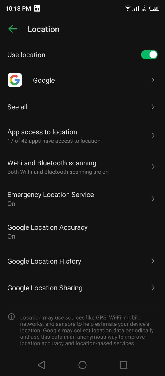 Google Location Settings in the Google Maps App