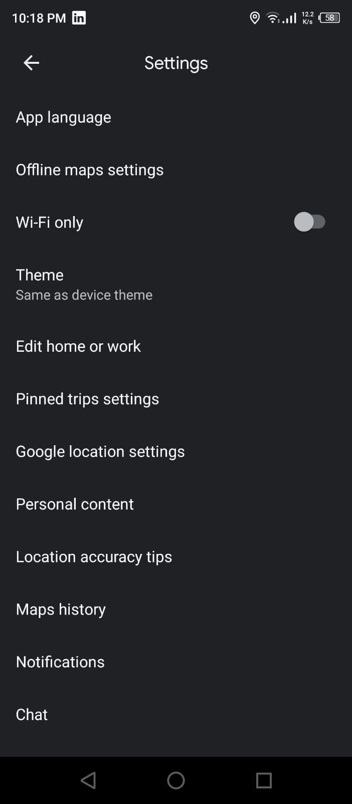 Google Maps App Settings Page