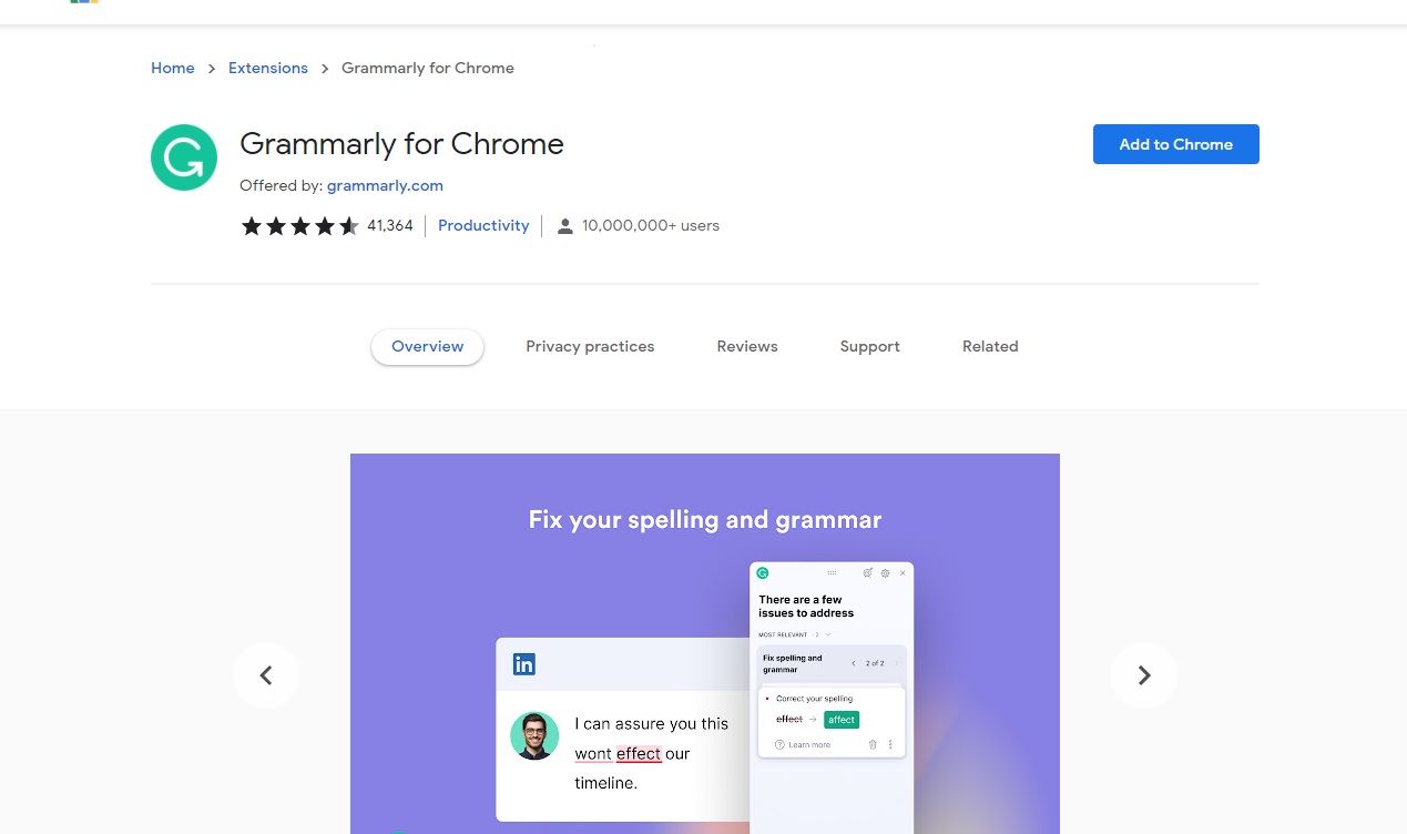 Image shows the Grammarly extension download page