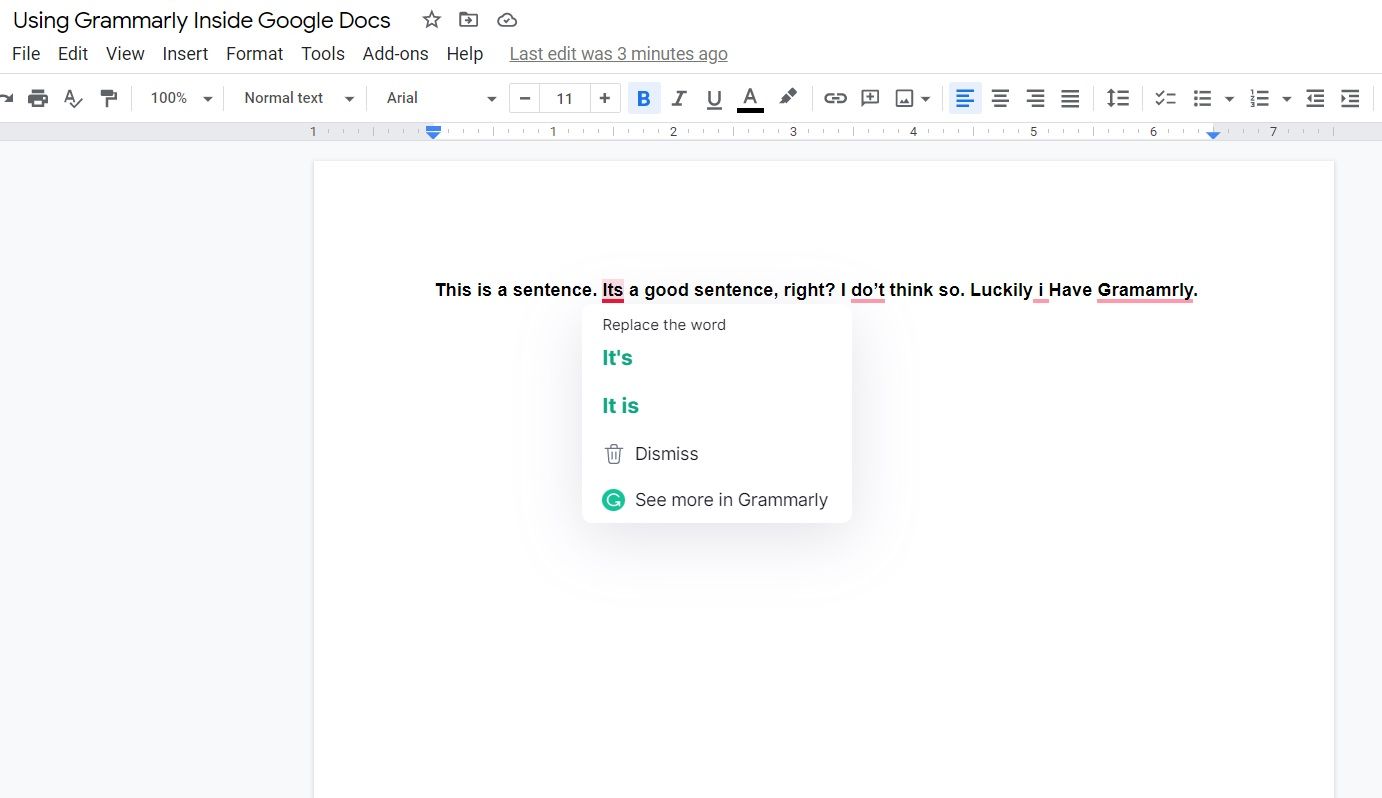 Image shows Grammarly correcting a sentence in Google Docs
