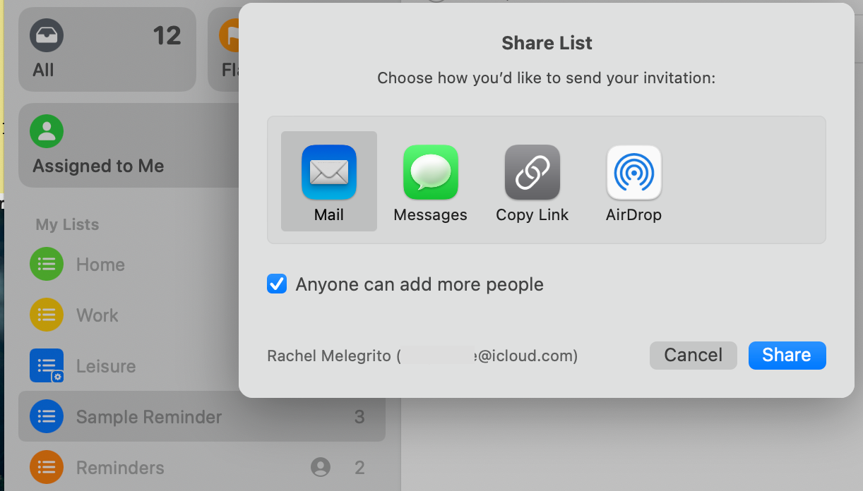 Sharing Reminders list on Mac