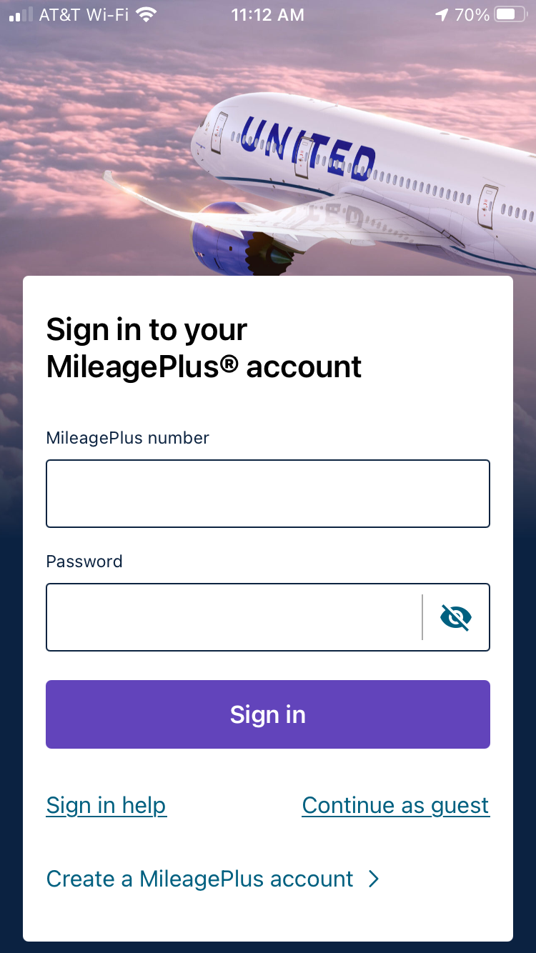 Sign in to mileage plus screen