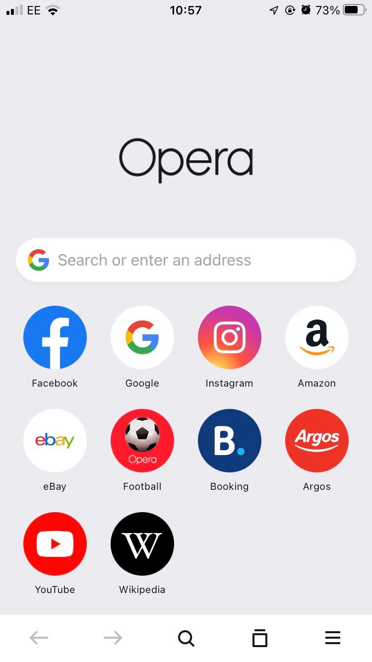 Home screen on the Opera iOS mobile browser.