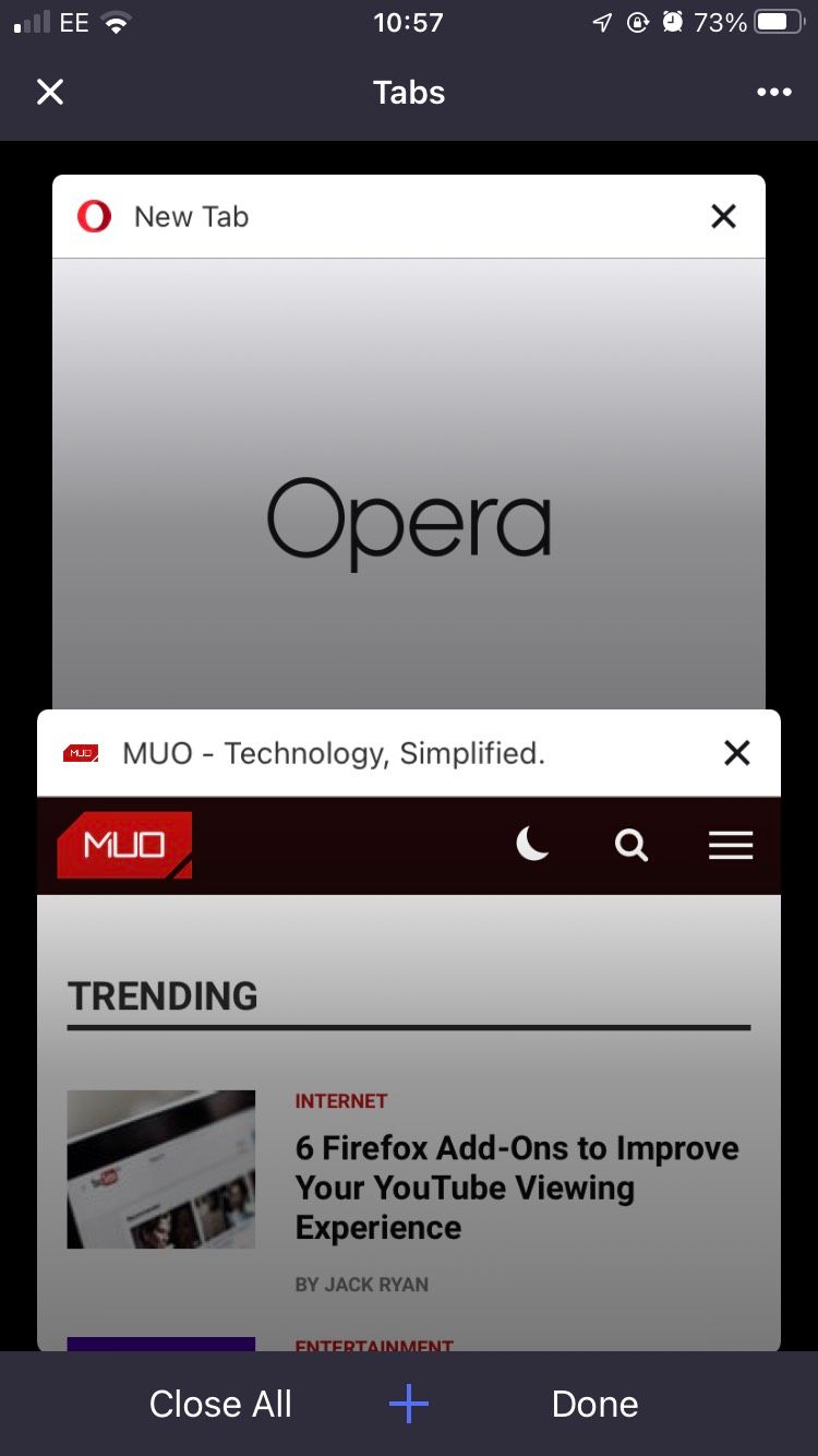Multiple tabs on the Opera iOS mobile browser.