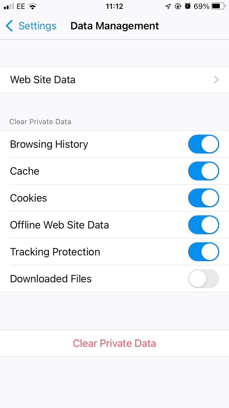 The Data Management tab on Firefox's iOS mobile browser.