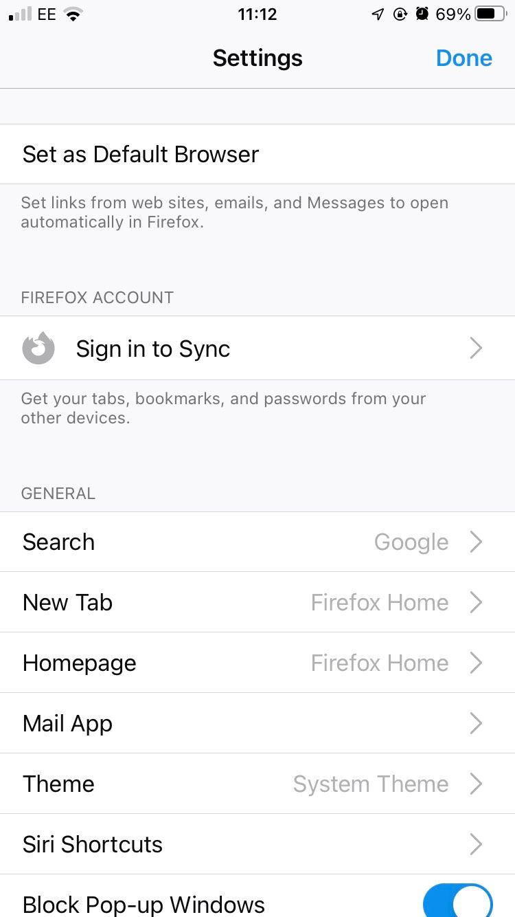 The Settings tab on Firefox's iOS mobile browser.