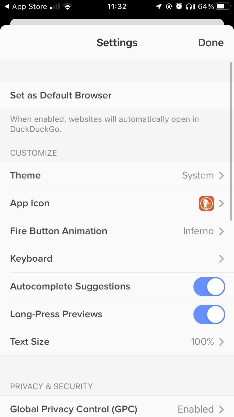 Settings tab on DuckDuckGo's iOS mobile browser.