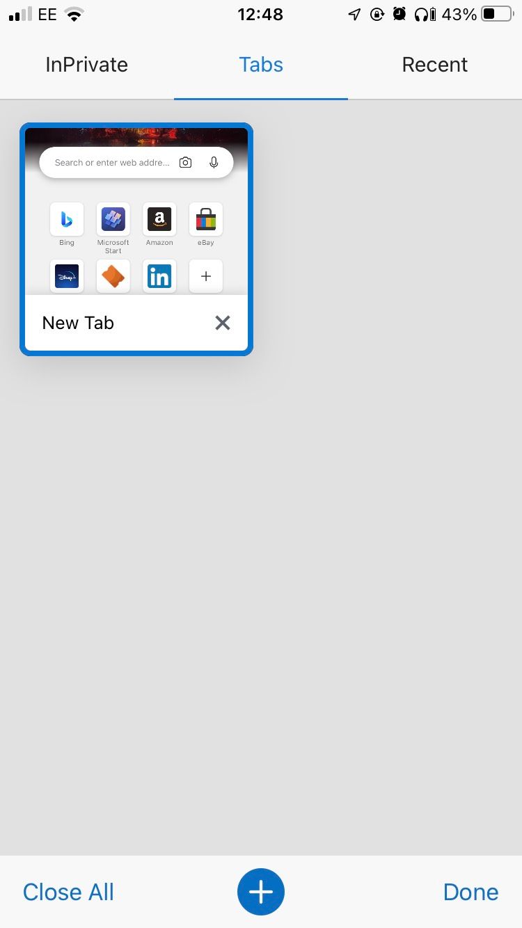 Multiple tab view on Microsoft Edge's iOS mobile browser.