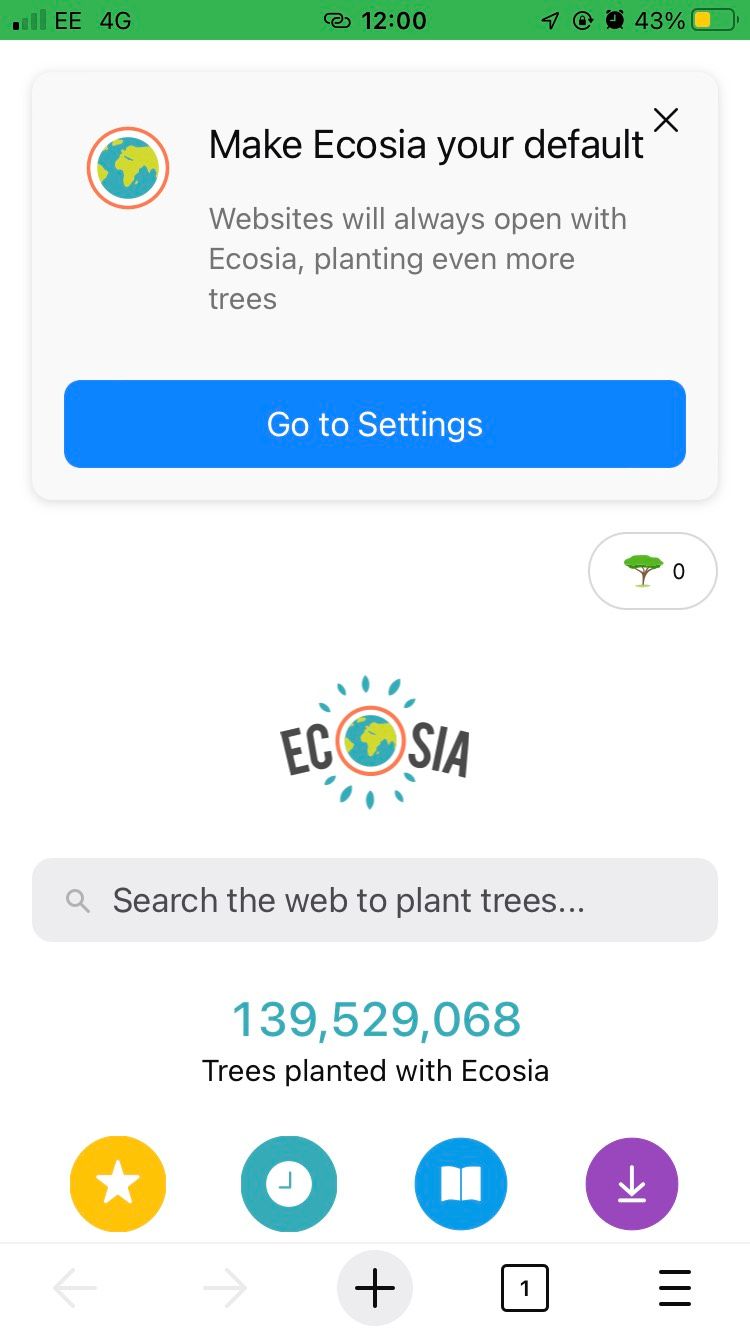 Home screen for Ecosia's iOS mobile browser.