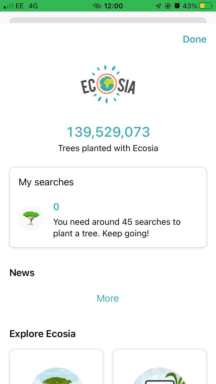 My Impact tab of Ecosia's iOS mobile browser.